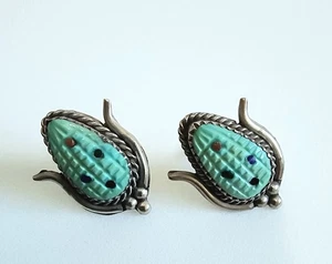 Zuni Corn Earrings, Turquoise Sterling Silver Hand Made Tracy Bowekaty Jewelry - Picture 1 of 5