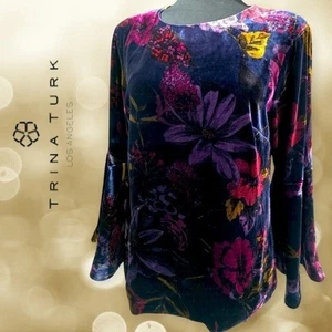 Trina Turk Astral Crew Neck Bell Sleeve Velvet Top Grand Garden Drapery M NEU - Bild 1 von 14