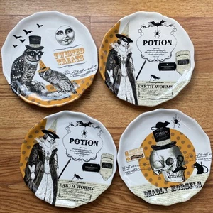 4 Hobby Lobby 8" Halloween Orange Black Round Plates Set Owl Cat Potion Skull - Picture 1 of 13