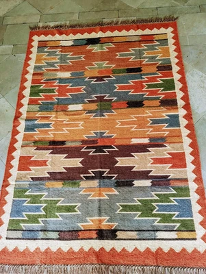 Handmade Wool Jute Rug, Antique Look Carpet, Natural Floor Decor, Bohemian Area - Image 1 of 4