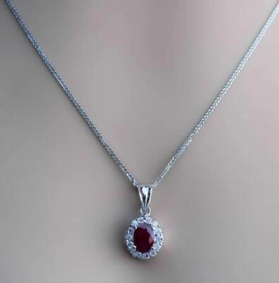 Natural 2.05ct Ruby Diamond Pendant Necklace 14k White Gold Dark Red - Image 1 of 4