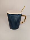 Pleated Blue Mug W/ Gold Lid And Spoon~Excellent Condition