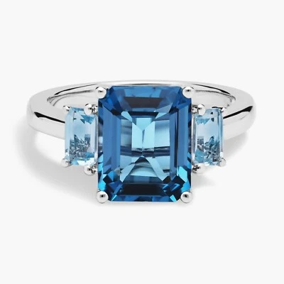 14k Weiss Gold Natürlicher Smaragd Schnitt Blau Und Sky Topas Drei Stein Ring - Bild 1 von 3