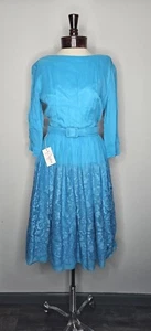 Vinatge NWT 1950s 1960s L'aiglon Blue Chiffon And Lace Dress Size 14 - Picture 1 of 10