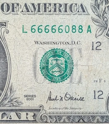 2001 $1 fancy serial, trinary leading five in a row (of a kind) 6s  L 66666088 A - Image 1 of 4