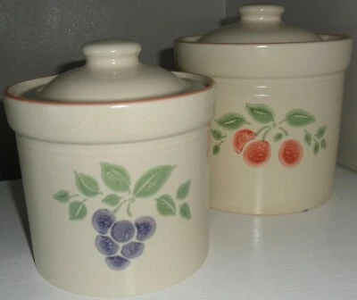2 PFALTZGRAFF USA Garden Grove CANISTERS w/LIDS:  1@ 5; 1@ 5⅝ in.; Pastel Fruits - Image 1 of 4
