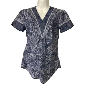 Elan by Barco Women's Scrub Top Size S Purple Blue V neck Short Sleeve Pockets - Picture 1 of 10