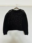 Women Zara Black Sweatshirt Jumper Studded Puff Sleeves Size Medium