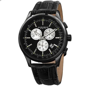 New Men's Akribos XXIV AK863BK All Black Dial Chronograph Leather Strap Watch - Picture 1 of 4