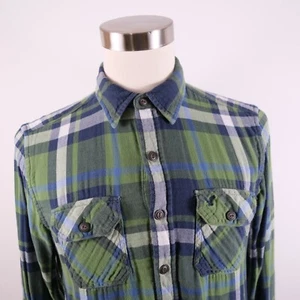 American Eagle Mens Cotton Athletic Fit LS Button Up Green Navy Plaid Shirt M - Picture 1 of 8
