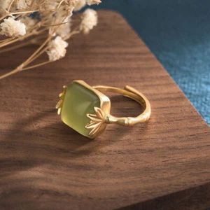 Natural Jade Leaf Rings 18K Gold Plated Real Jewelry Gifts for Women - Picture 1 of 5