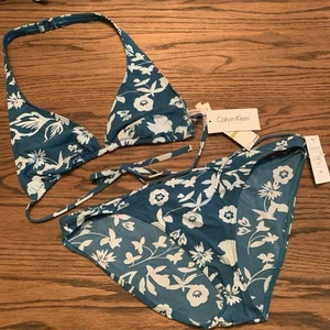 Y2K Vtg CALVIN KLEIN Floral String Bikini Triangle Top Bottoms 14 Large Swimwear - Picture 1 of 19