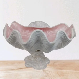 Vtg Large Deco Regency MCM Pink Ceramic Oyster Shell Clamshell Bowl Planter - Picture 1 of 16