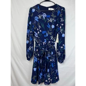 NWT Eliza J Women's 14 Blue Floral Print Fit & Flare Long Sleeve Dress EJ2M9513 - Picture 1 of 12