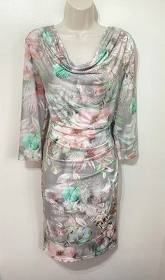 Betty Barclay Grey Floral Stretchy Bodycon Wiggle Dress 14 Wedding Cruise Cowl - Image 1 of 4
