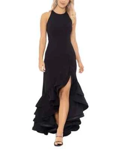 Betsy & Adam Black Ruffle Halter Crepe Gown Size 2P $259 - Picture 1 of 3