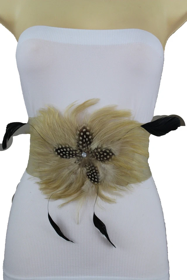 New Women Beige Elastic Waistband Wide Fashion Belt Genuine Feathers Plus M L XL - Image 1 of 1