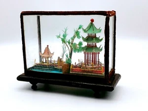 Vintage Bamboo Diorama Box Chinese Cork- Art 3D Cranes Pagoda Trees Glass Box - Picture 1 of 12