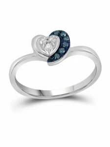 Blue and White Diamond Heart Ring Rhodium on Sterling Silver Genuine Diamonds - Picture 1 of 2
