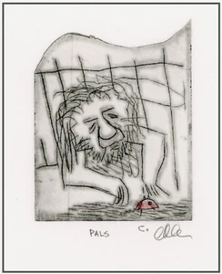 LION MANE BEARD / HAIRY MAN AND Baby RED MOUSE FRIENDS! ORIGINAL ETCHING Signed - Picture 1 of 1