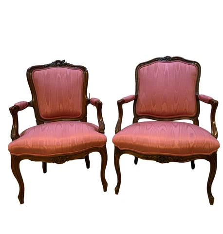 Antique Pair French Louis XV His Hers Carved Walnut Upholstered Armchairs Pink Cover