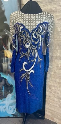 复古 Alisha 真丝全串珠 MIDI 正式纽约礼服皇家蓝色 M 码 — 第 1/4 张图片