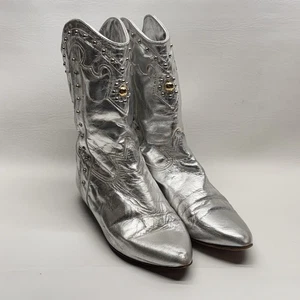 VTG 80s Zodiac Funky Futuristic Metallic Silver  Space Cowboy Ankle Boots 7M - Picture 1 of 8