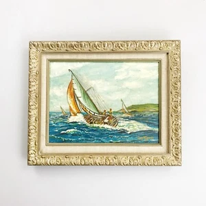 VINTAGE Sailing Landscape Oil Painting 13x15.5 Nautical Beach Cottage Decor - Picture 1 of 12
