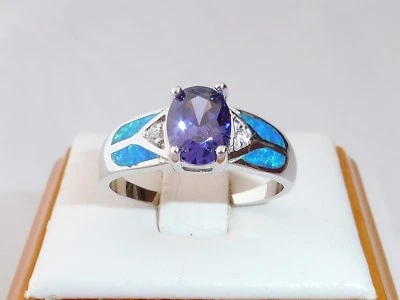 Anello donna argento 925 con zaffiro bianco tanzanite e anello opale da 1 carati - Immagine 1 di 4