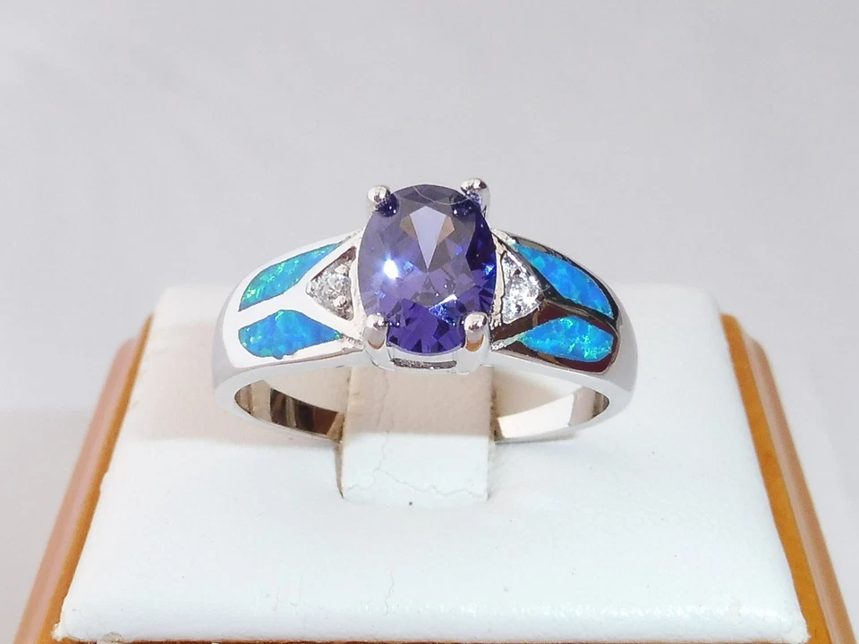 Anello donna argento 925 con zaffiro bianco tanzanite e anello opale da 1 carati - Immagine 1 di 4