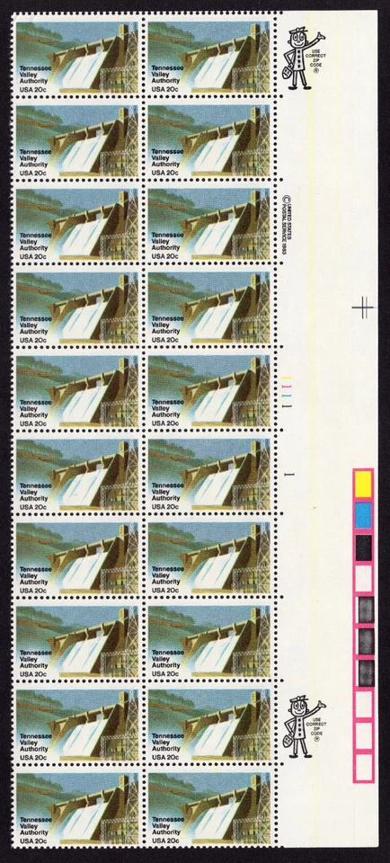 Scott #2042 Tennessee Valley Authority Plate Block of 20 Stamps MNH Right 2 Zips - Image 1 of 1