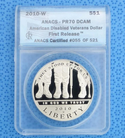 2010 W ANACS Proof 70 Deep Cameo Disabled Veterans Silver Dollar, PR70 D-Cam $1 Cover