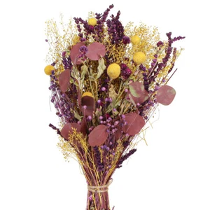 Trockenblumenstrauß Gelb Lila Grün mit Craspedia und Eukalyptus, Deko Vintage - Bild 1 von 4