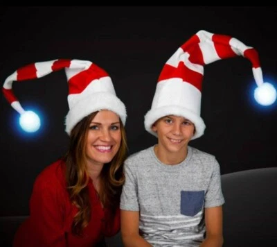 Santa Claus RED AND WHITE Bendable Hat w Light Up LED Ball, Holiday Party Fun! - Image 1 of 4