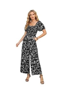  Floral Jumpsuits for Women, casual Loose Romper Short Sleeve Medium Black Leaf - Picture 1 of 7