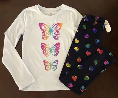 Gap Kids Gir Blue Butterfly & Navy Heart Print Leggings Outfit 8 9 10 11 - Image 1 of 4