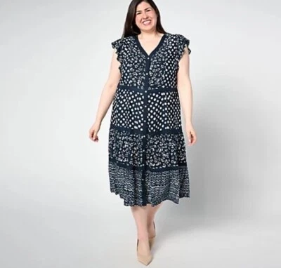 Vestido Dennis Basso estampado mixto rayón en capas índigo grande precio de venta sugerido por el fabricante 105,00 USD Foto 1 de 4