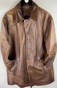 Reiss London UK XL Leather Jacket Heavyweight Lined Button Up Vintage Brown Coat - Picture 1 of 24