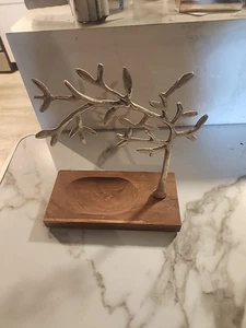 Vtg? Wood and Aluminum Cast Jewelry Tree Stand - Picture 1 of 12