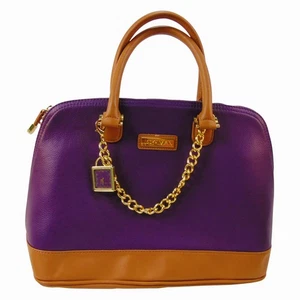 Joy & Iman Purple Tan Satchel Bag Gold Chain Clock Charm – Chic Structured Purse - Picture 1 of 15
