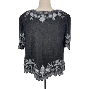 Laurence Kazar Vintage 2X Black Silk Beaded Sequined Evening Plus Blouse Top - Picture 1 of 11