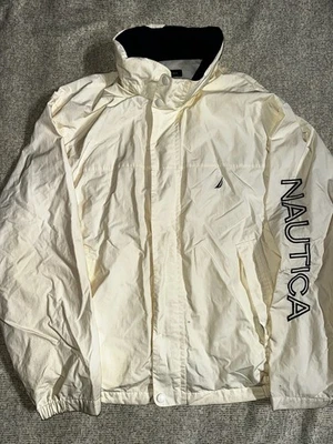 0058 Nautica Men’s XXL White Windbreaker Jacket Logo Sleeve Full Zip Nylon Coat - Image 1 of 4