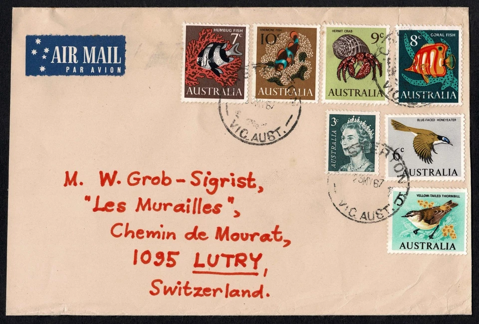 Capa correio aéreo Austrália 1987, Victoria para a Suíça, combo pássaros e peixes - Imagem 1 de 2