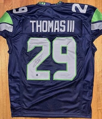 Camiseta deportiva Earl Thomas firmada azul personalizada Seattle Seahawks corte juego BECKETT TESTIGO  Foto 1 de 2