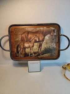 Holz Tablett Metallgriffe Pferde Szene Reispapier Decoupage Upcycle Bauernhaus - Bild 1 von 11