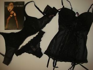 Victoria's Secret M bra SLING+S thong+34B GARTER SLIP/bustier Black lace crystal