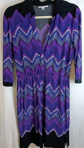 VETEMENTS Abito Sandra Darren viola e nero fantasia chevron maniche a 3 4 taglia 10