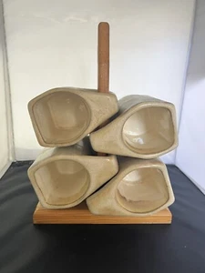 Set Of 4 Vintage Signed Rodolfo Padilla Stoneware Mugs With Wooden Stand - Picture 1 of 7