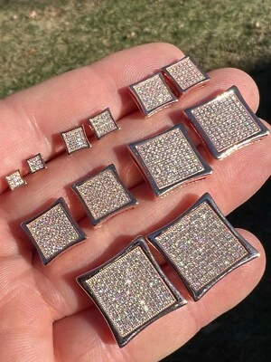 Square Kite Earrings Iced CZ Hip Hop Mens Ladies Real 14k Rose Gold Plated - Image 1 of 4