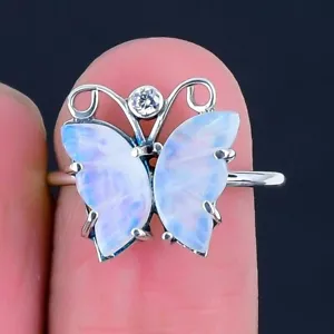 Rainbow Moonstone Butterfly Stone 925 Sterling Silver Cluster Unique Ring Size 7 - Picture 1 of 7